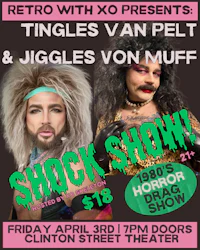 a flyer for the shock show featuring tinny pelt and jiggles van muff